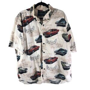 North River Mens Button Down Shirt Classic Car Show Print Chest Pocket White 2XL
